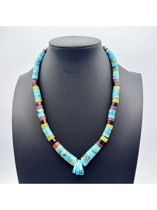 Handmade Jewelry - Southwestern Heishi Necklace Turquoise Sterling Bench Beads Onyx Serpentine